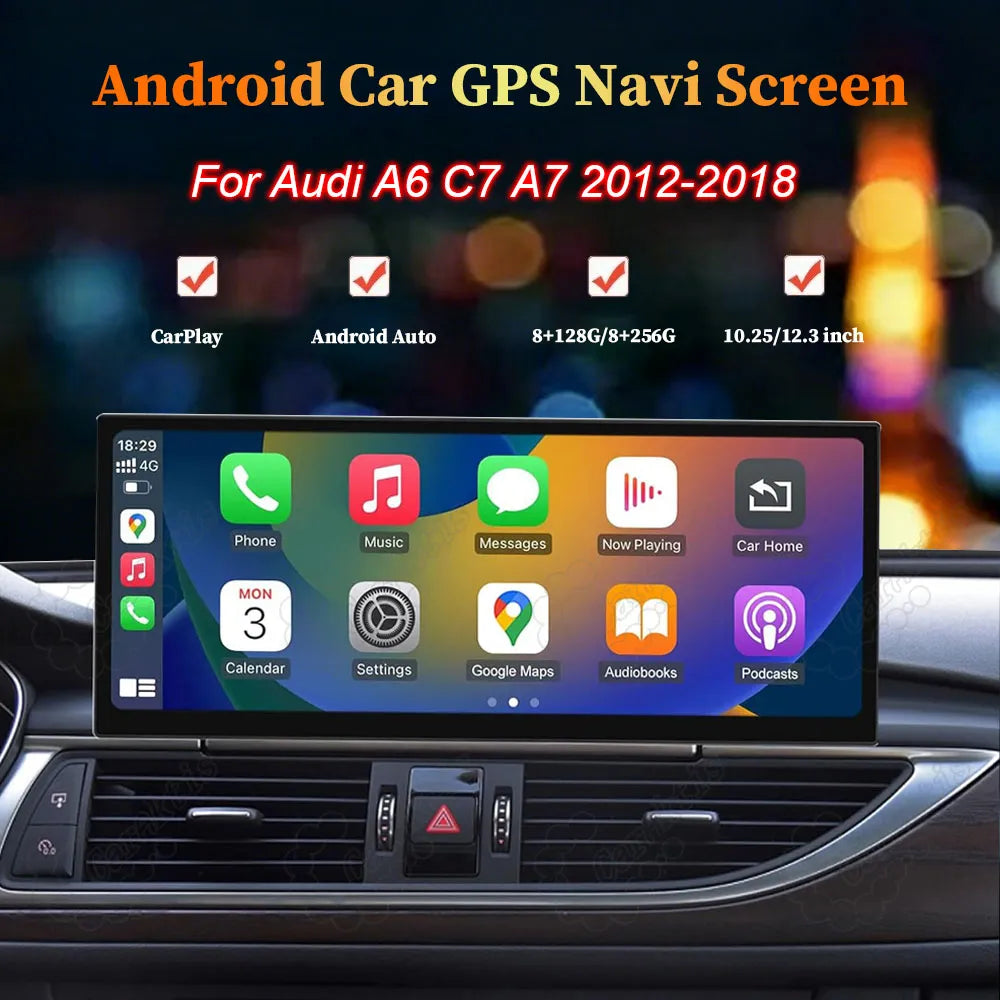 12.3 inch Android GPS navigation screen display for Audi A6 C7 A7 2012-2018 showing Apple CarPlay interface.
