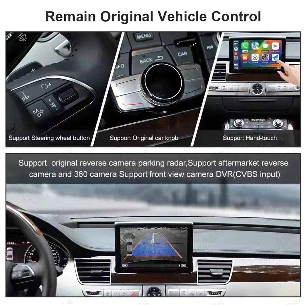 Detailed view of remaining original vehicle controls supporting Audi A8 CarPlay interface via steering wheel buttons, original MMI center console knob, touchscreen, and 360-degree parking radar camera.