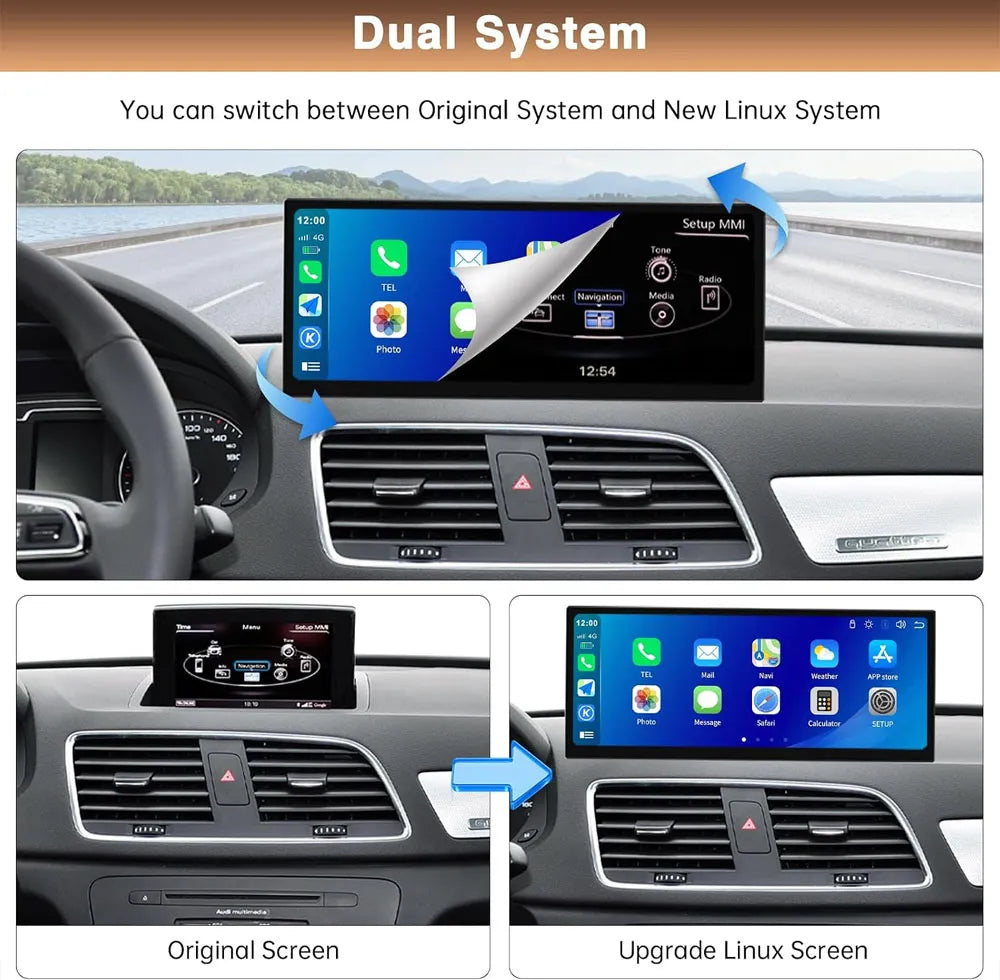 Dual system demonstration switching between Audi original MMI system and new Linux touch screen display.