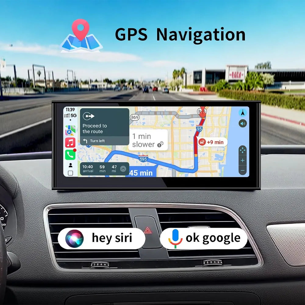 GPS navigation display with real-time route guidance and support for Hey Siri and OK Google voice commands.