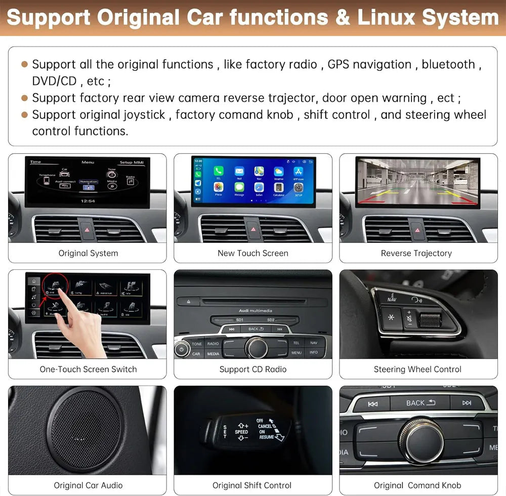 Features of Audi Q3 upgraded screen including reverse trajectory, steering wheel controls, and original OEM command knob support.