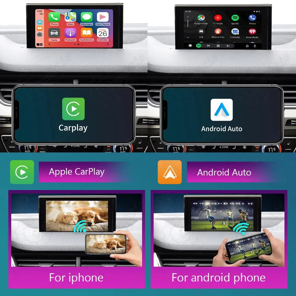 Wireless screen mirroring for Audi Q5: Supporting AirPlay for iOS and AutoLink for Android devices on the factory dashboard screen.