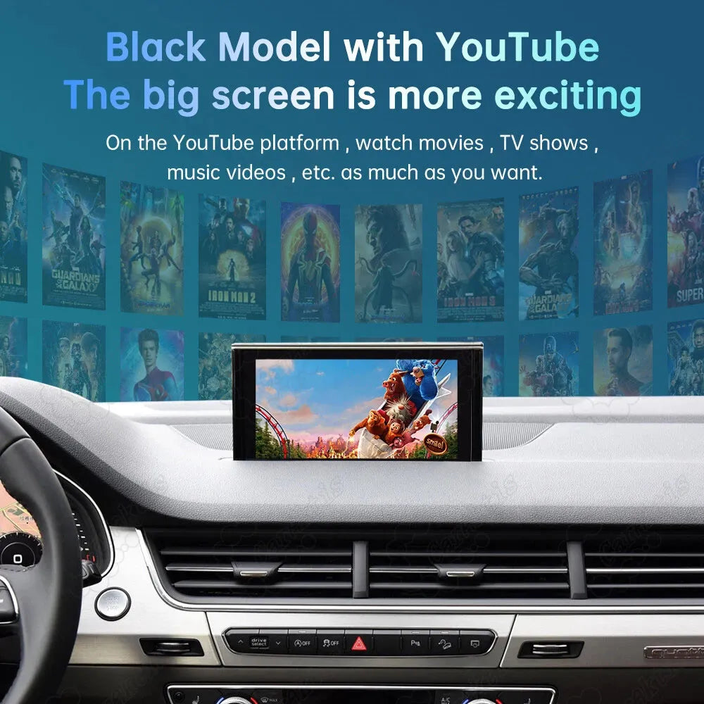 Watch YouTube and streaming movies on Audi Q7 factory screen via wireless CarPlay interface.