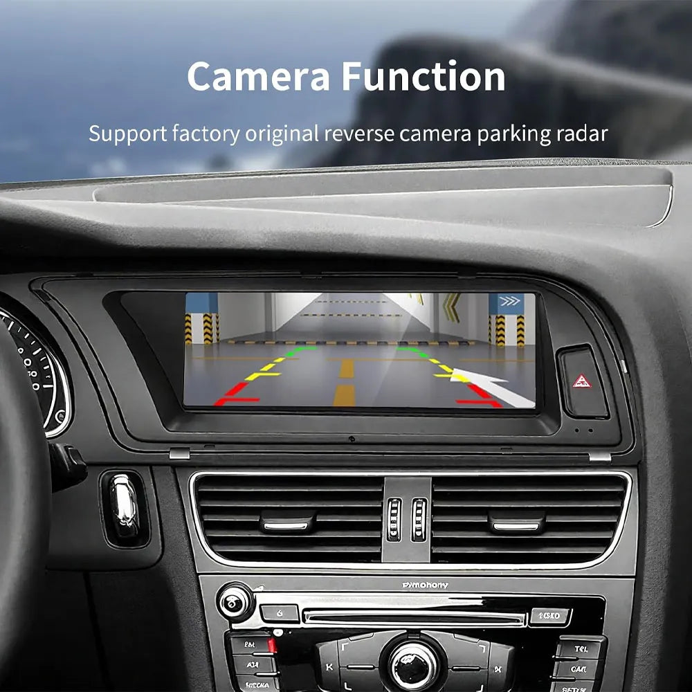 Audi multimedia screen displaying factory original reverse camera view with active dynamic parking guidance guidelines