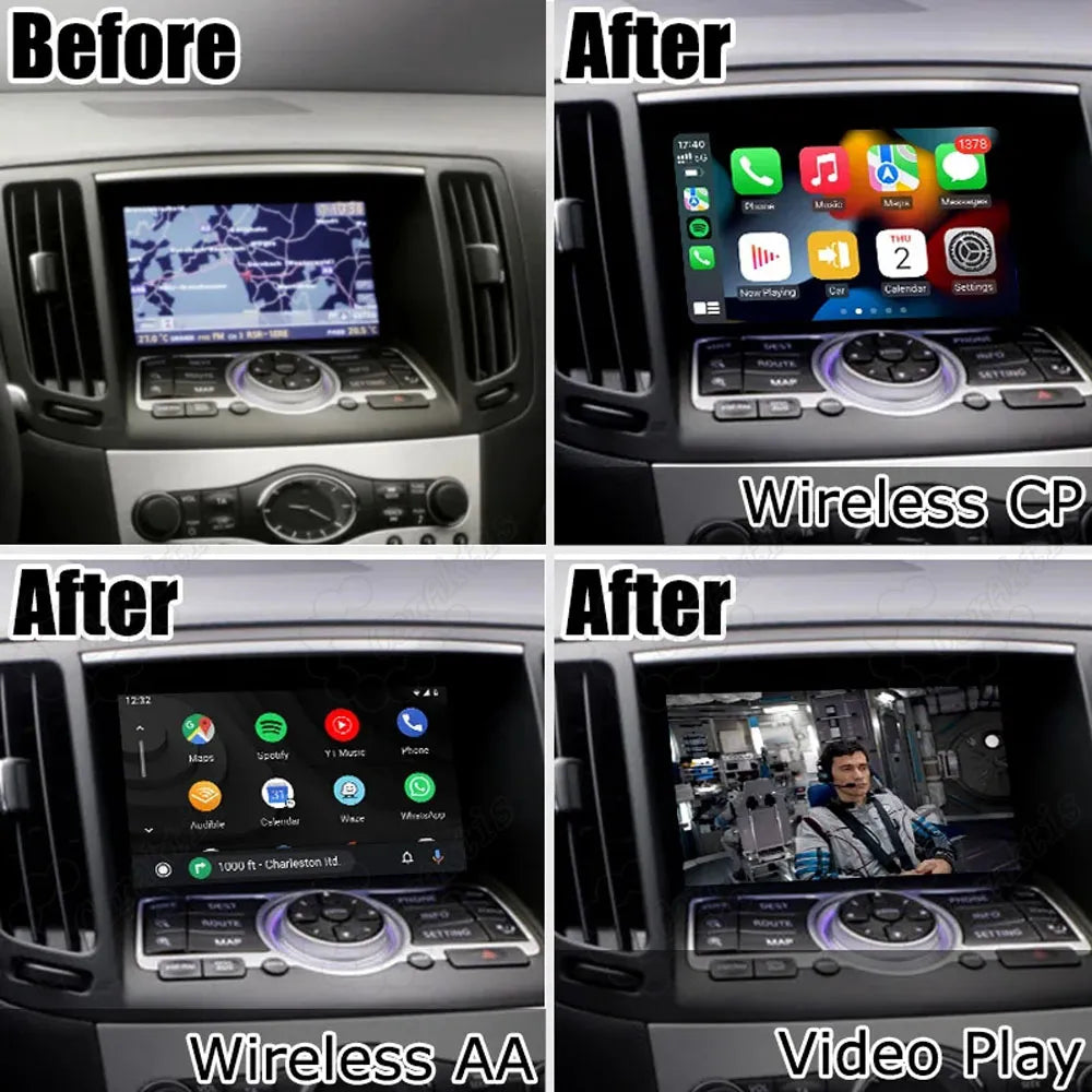 Side-by-side before and after comparison of a factory car dashboard upgraded to wireless Apple CarPlay, wireless Android Auto, and video play capabilities.