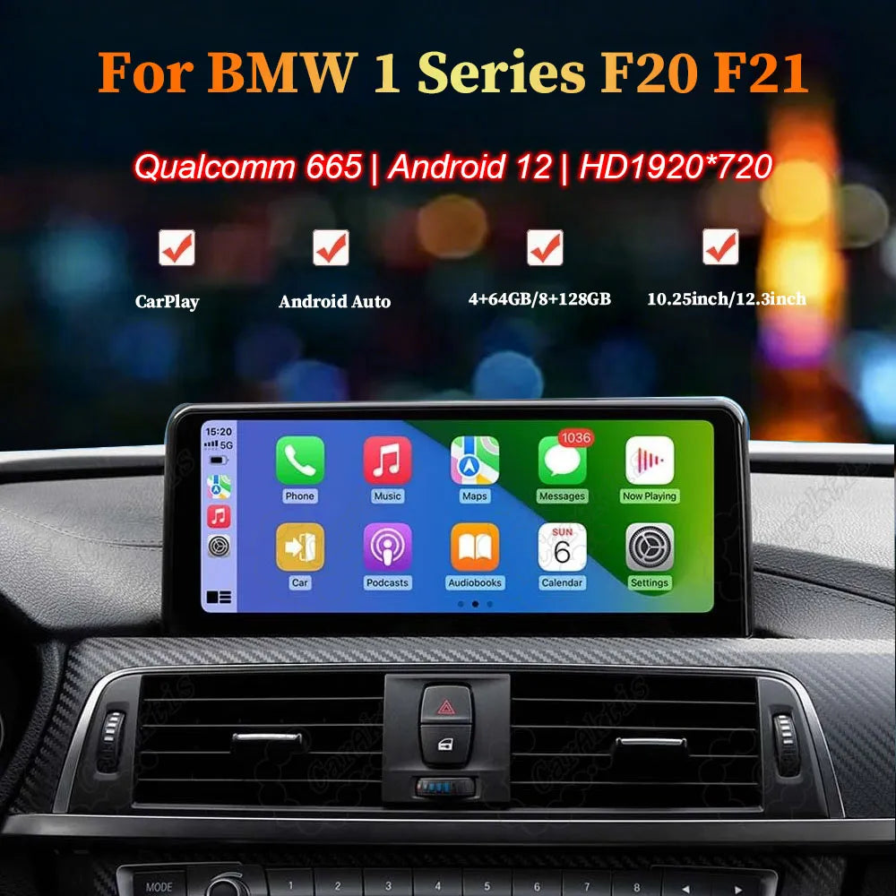 10.25/12.3-inch Android 12 HD car screen for BMW 1 Series F20 F21, powered by Qualcomm 665 processor with CarPlay and Android Auto support.