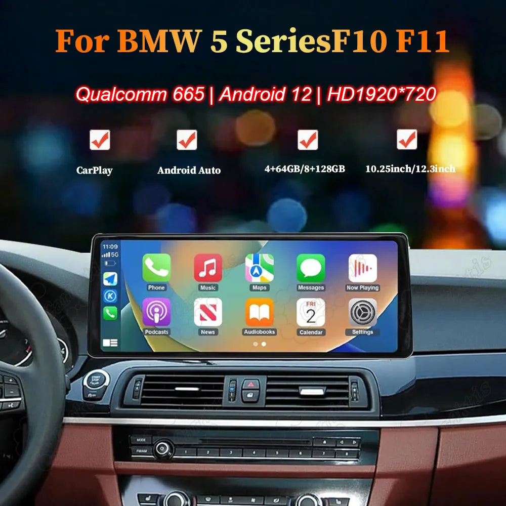 12.3 inch Android 12 multimedia screen upgrade for BMW 5 Series F10 F11 with Qualcomm 665 processor and 1920x720 HD display.