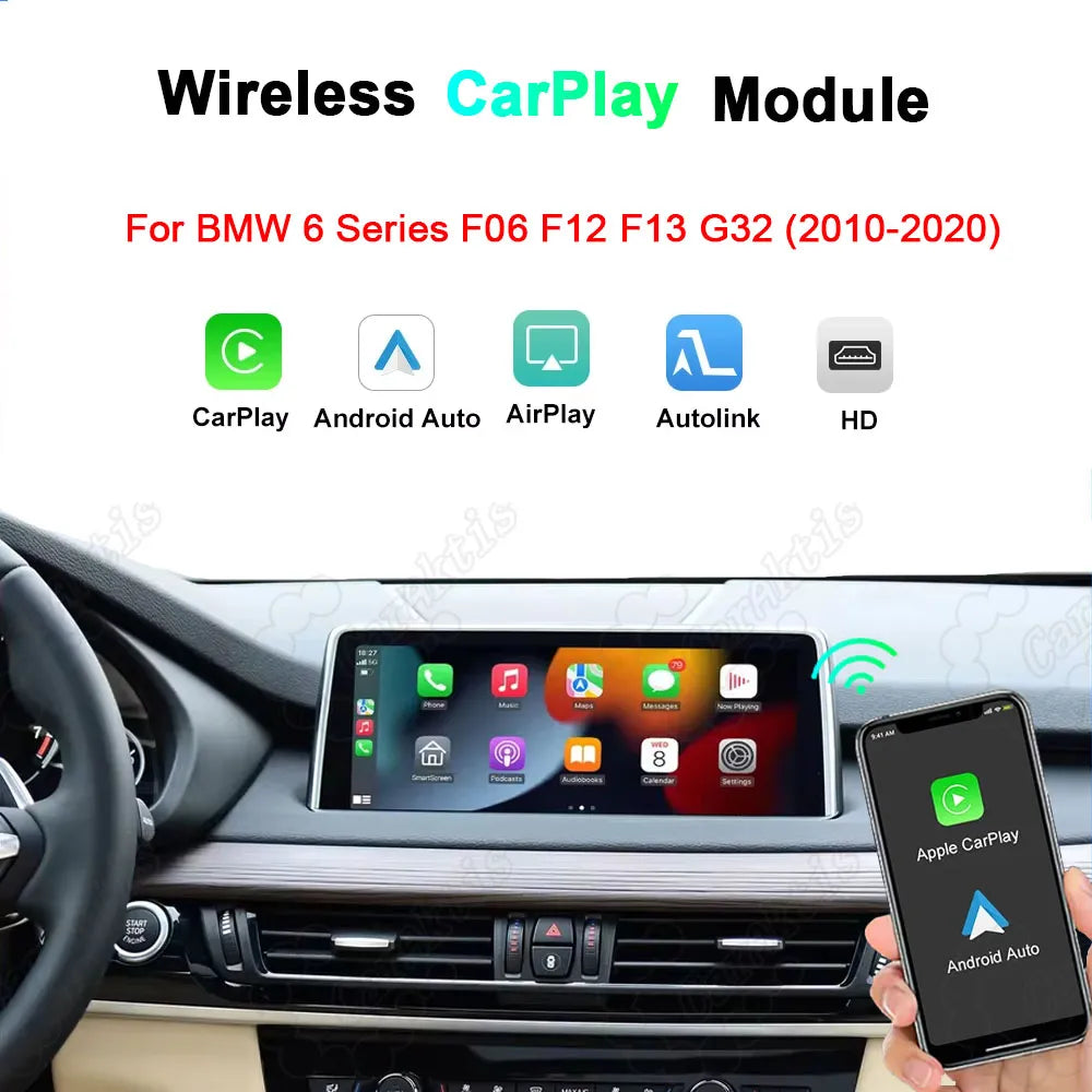 Wireless CarPlay and Android Auto module for BMW 6 Series F06 F12 F13 G32 2010-2020, showcasing dashboard display screen with smart interface and wireless connection icons.