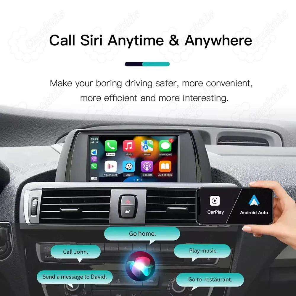 Using Siri voice commands for navigation, messaging, and music playing on BMW factory dashboard display.