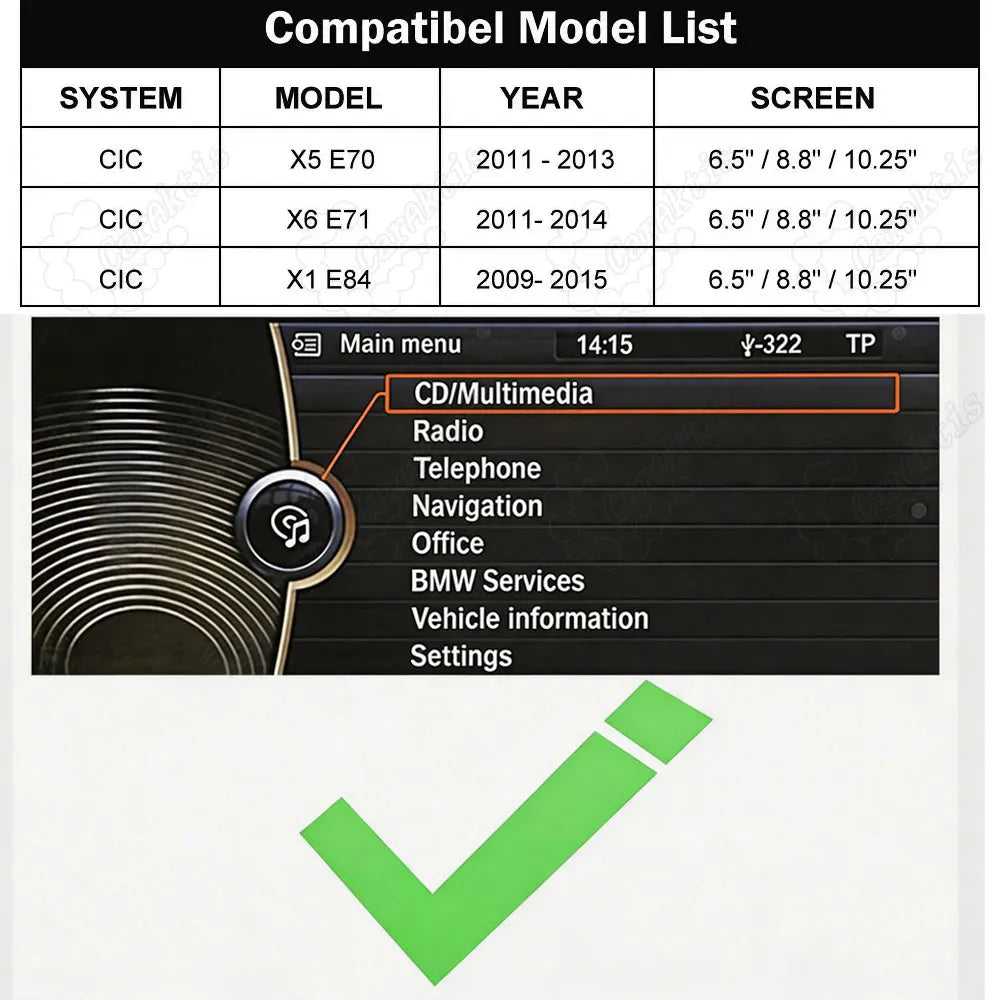 Compatibility model list table for BMW CIC system showing compatible models including X5 E70, X6 E71, and X1 E84 with screen sizes, alongside a checkmark and the BMW iDrive main menu interface.