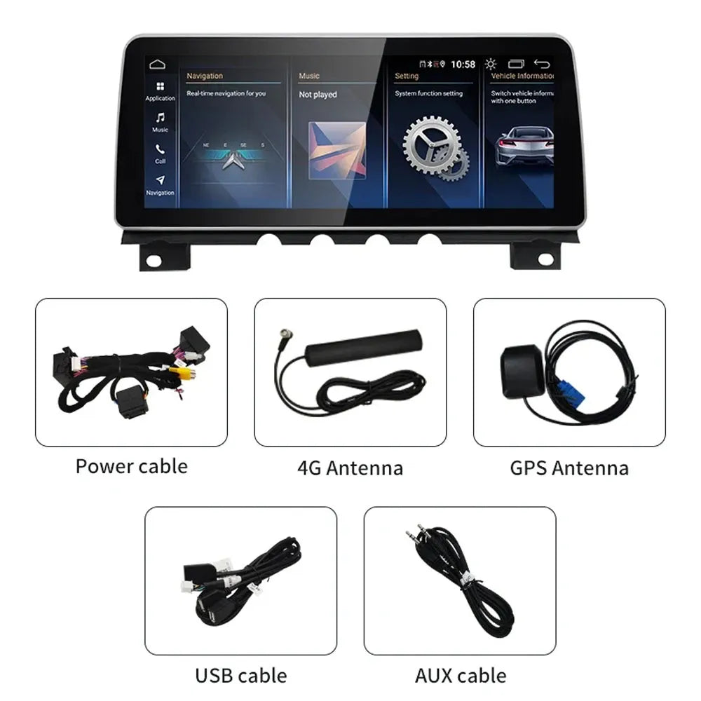 Package contents for BMW 7 Series Android screen unit including power cable, 4G antenna, GPS antenna, USB cable, and AUX cable
