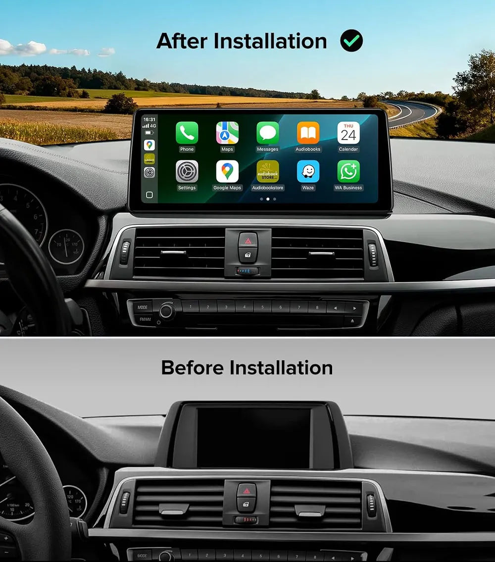 Before and after installation comparison of 12.3-inch multimedia screen upgrade in BMW 3 Series dashboard