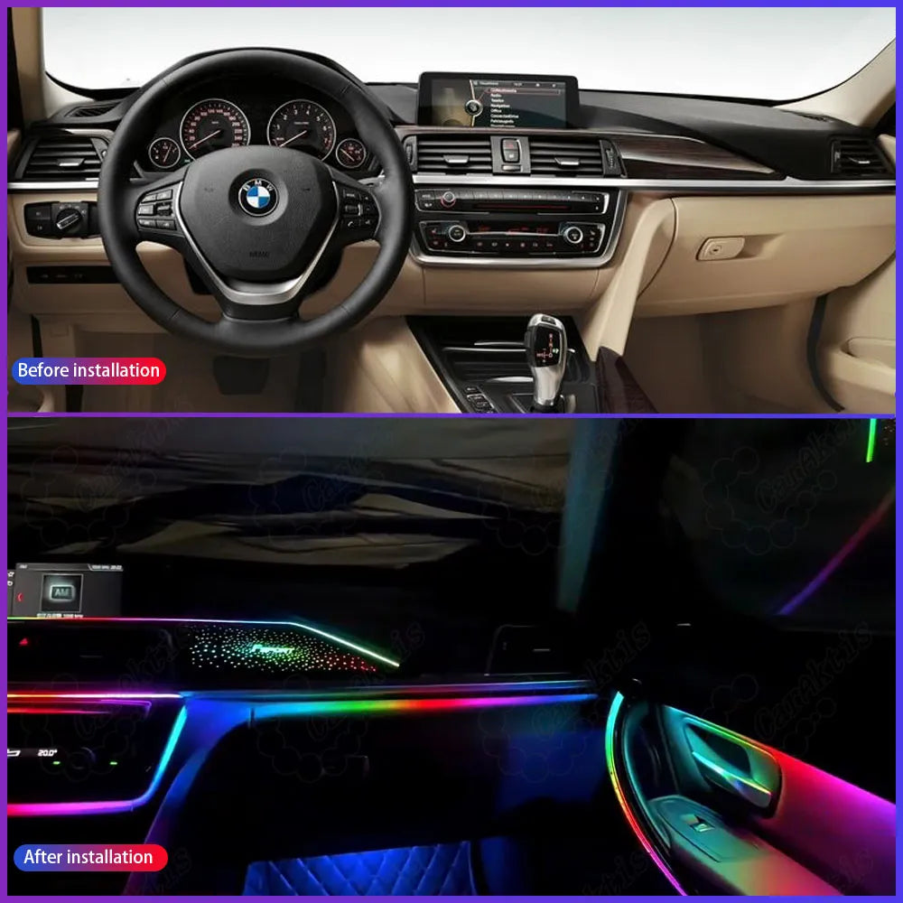 Before and after comparison of BMW 3 Series F30 interior lighting, showing the upgrade from dark stock trim to LED ambient glow.