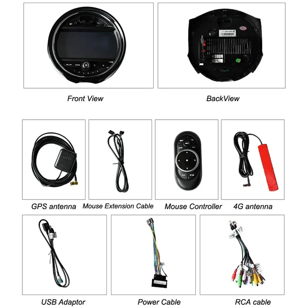 Complete package contents for Mini Cooper head unit including front/back view, GPS antenna, mouse controller, cables, and adaptors