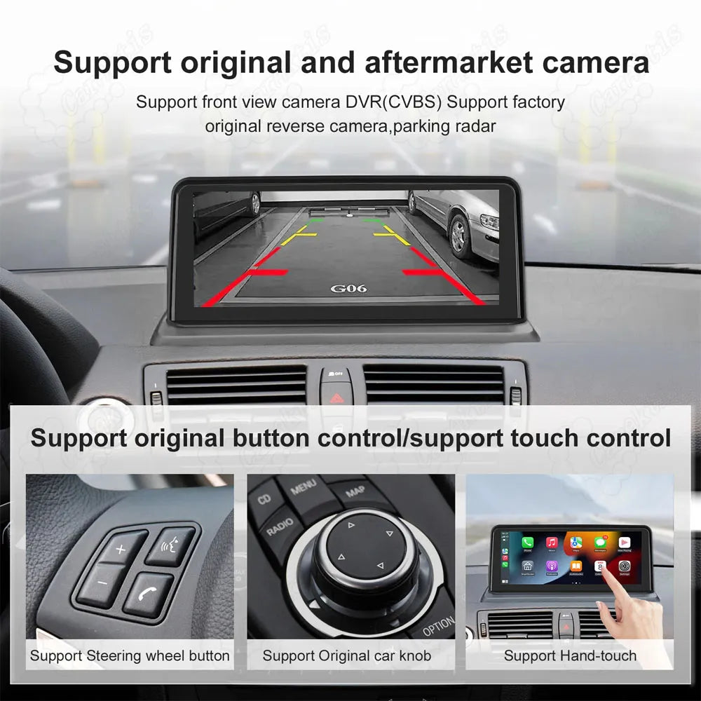 BMW upgrade module supporting factory original or aftermarket reverse camera, steering wheel buttons, iDrive knob, and hand-touch screen control.
