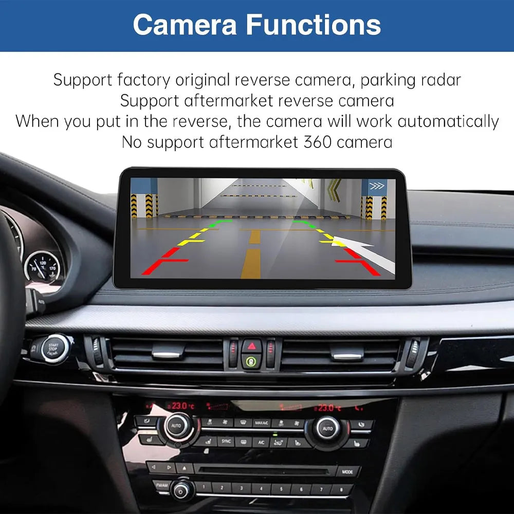 Car screen showing parking assistance and reversing camera view with dynamic guidelines for BMW vehicles.
