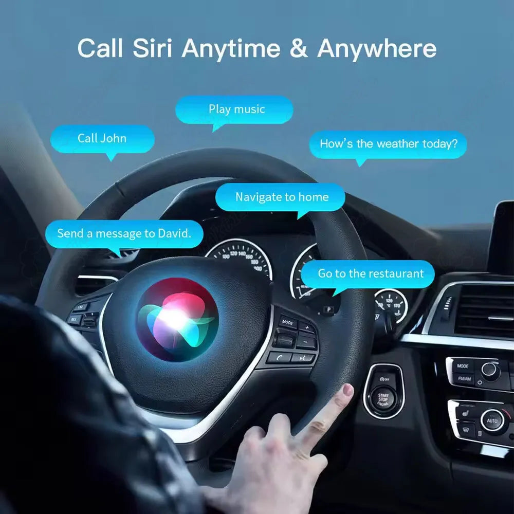 The illustration shows a driver activating the Siri voice assistant using buttons on a BMW steering wheel, surrounded by common voice command bubbles such as "Play music," "Navigate home," and "Message David."