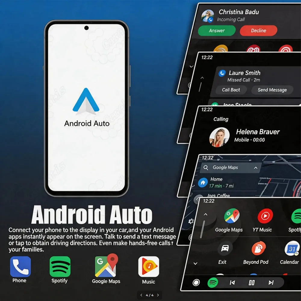 Wireless Android Auto system connection interface displaying Google Maps navigation, phone calling, and Spotify music player.