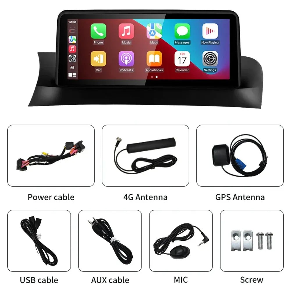 Included installation kit for BMW X3 X4 screen including power cable, 4G antenna, GPS antenna, USB, AUX cable, MIC, and screws.