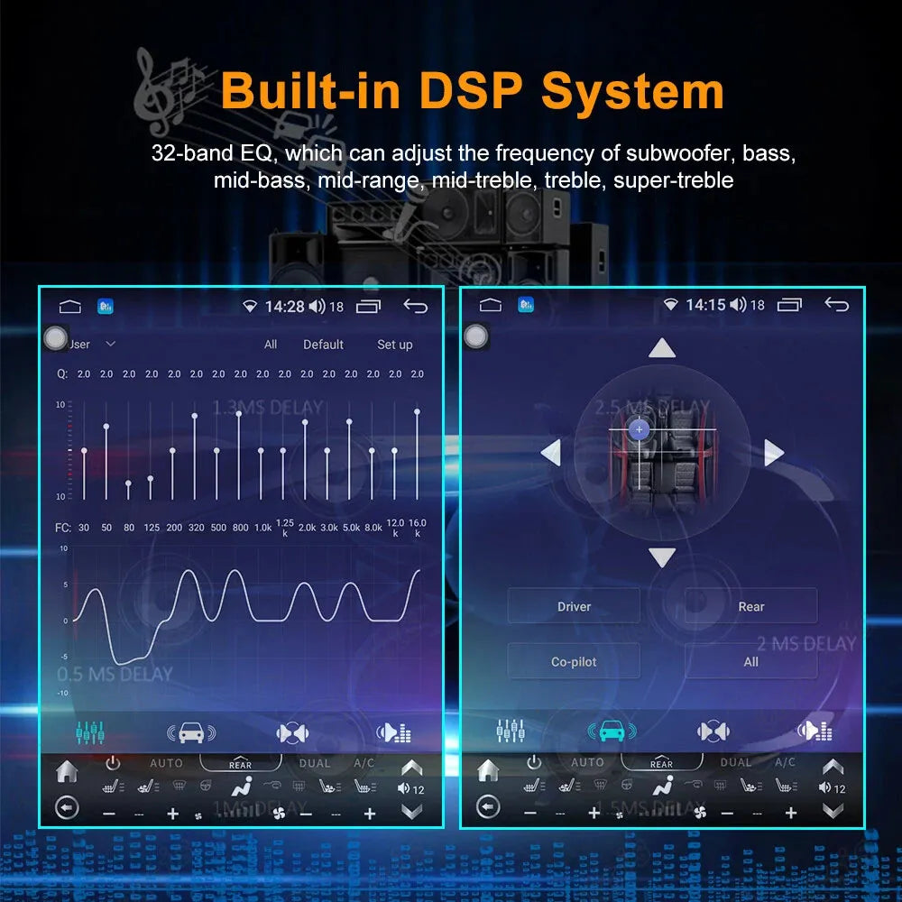 Built-in DSP audio system showing 32-band equalizer and sound field delay settings on screen.