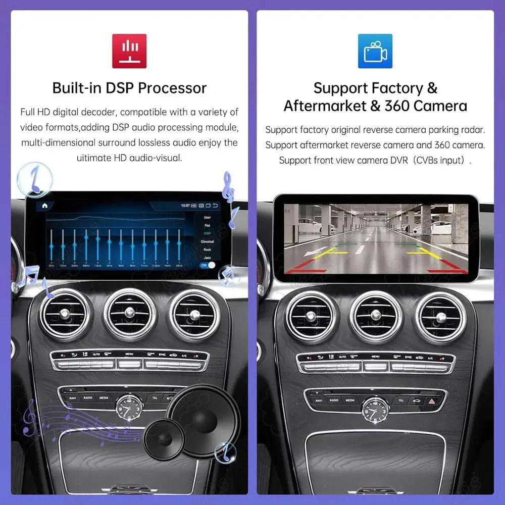 Built-in DSP audio processor display and aftermarket 360 reverse camera parking guidance on Mercedes screen