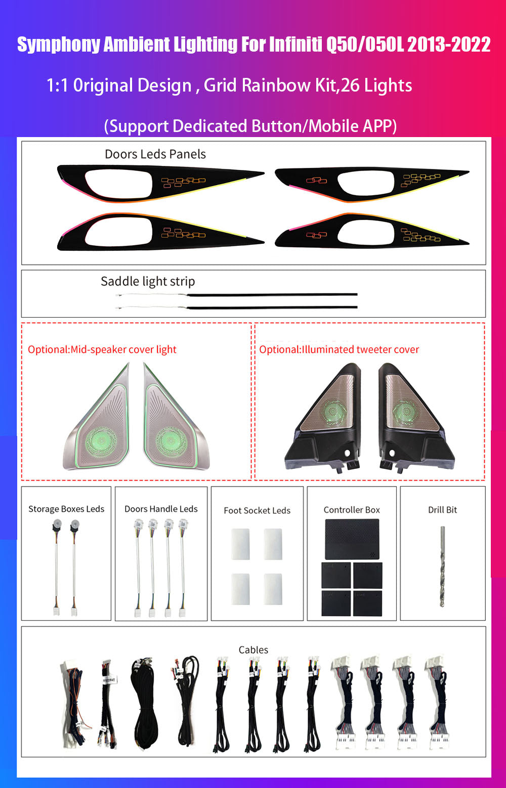 Premium Car Interior Ambient Lights for Infiniti Q50/Q50L 2013-2022 Ambient Light Kit Dream Color Chasing Car Atmosphere Lamp