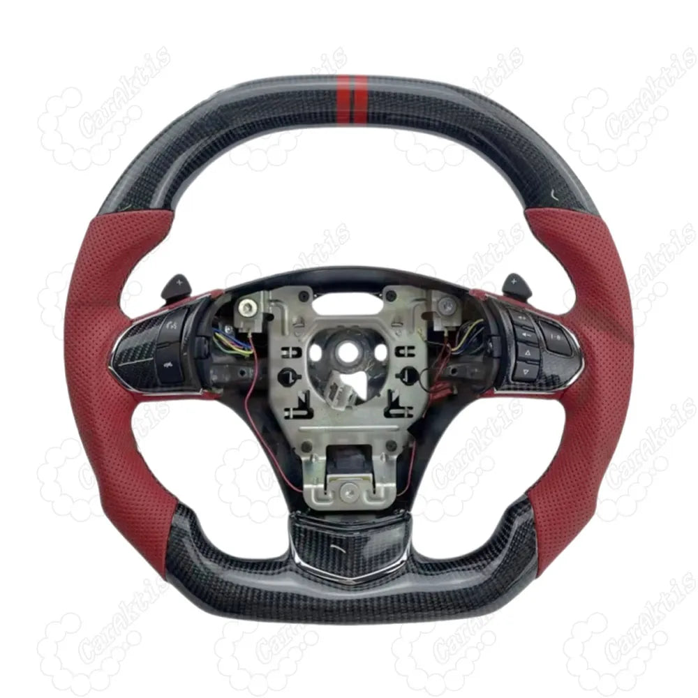 2006-2013 C6 Corvette custom steering wheel in glossy carbon fiber and red leather with control buttons.
