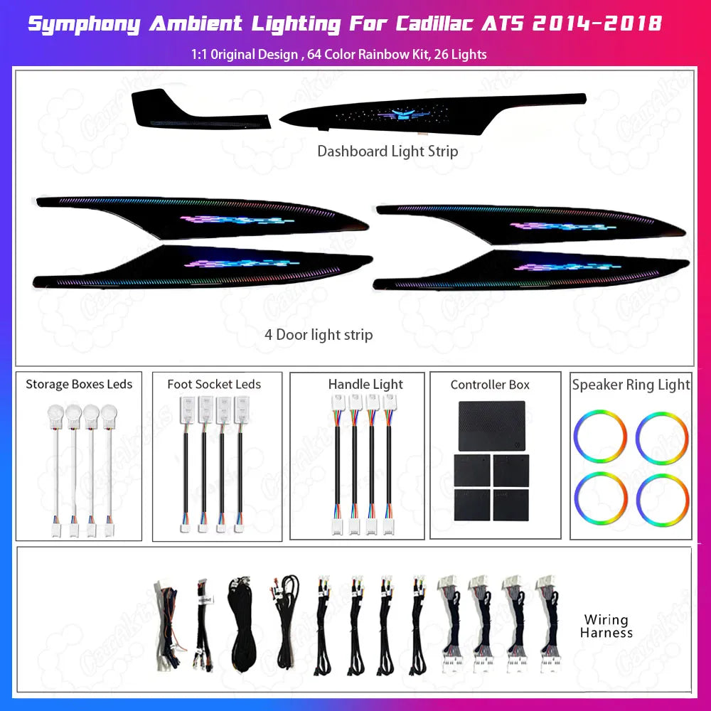 Package contents of dynamic streamer ambient light kit for Cadillac ATSL including LED strips and wiring harness.