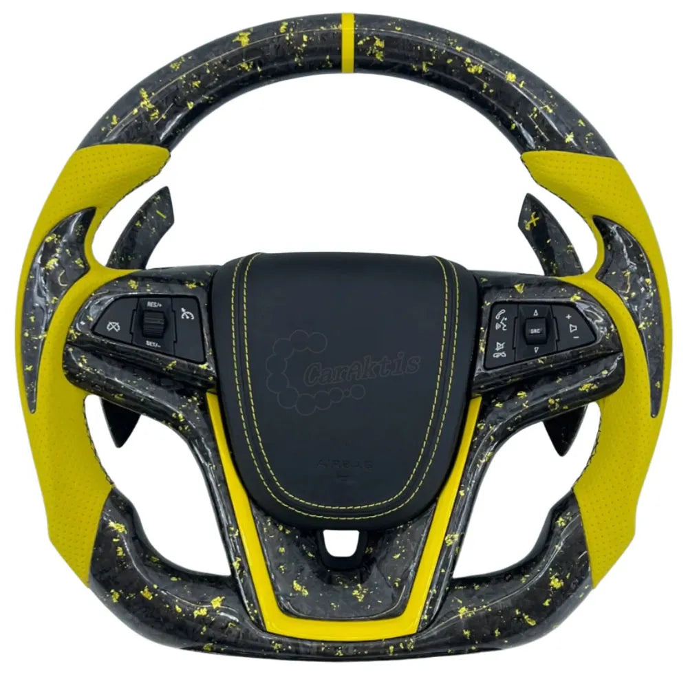 Handcrafted carbon fiber steering wheel with thickened ergonomic racing grips for 2012-2015 Camaro.