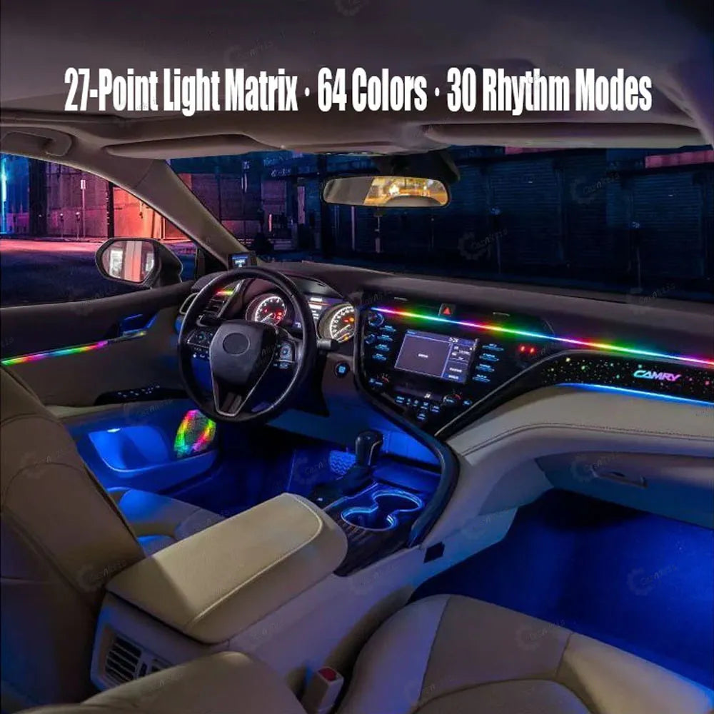 Dynamic streamer and chasing light effect in a Toyota Camry cabin at night.