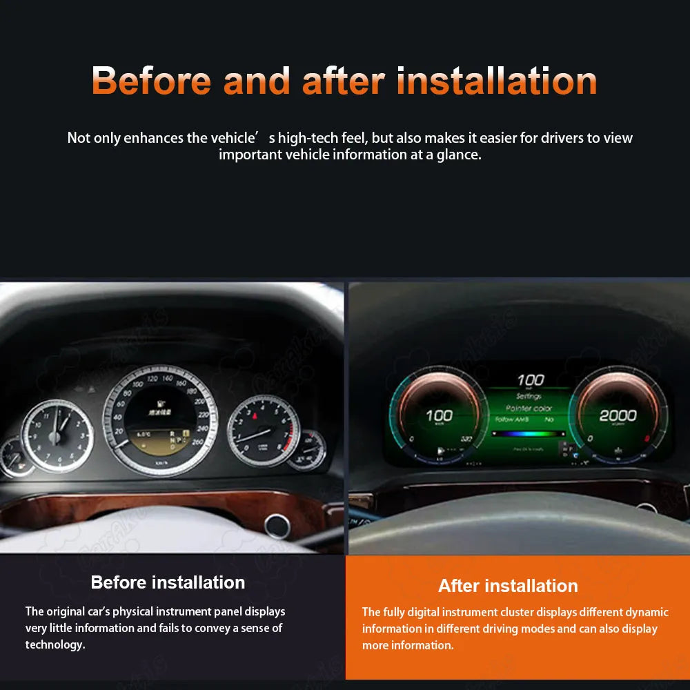Before and after installation view of CarAktis digital instrument cluster upgrade in a Mercedes-Benz E-Class interior