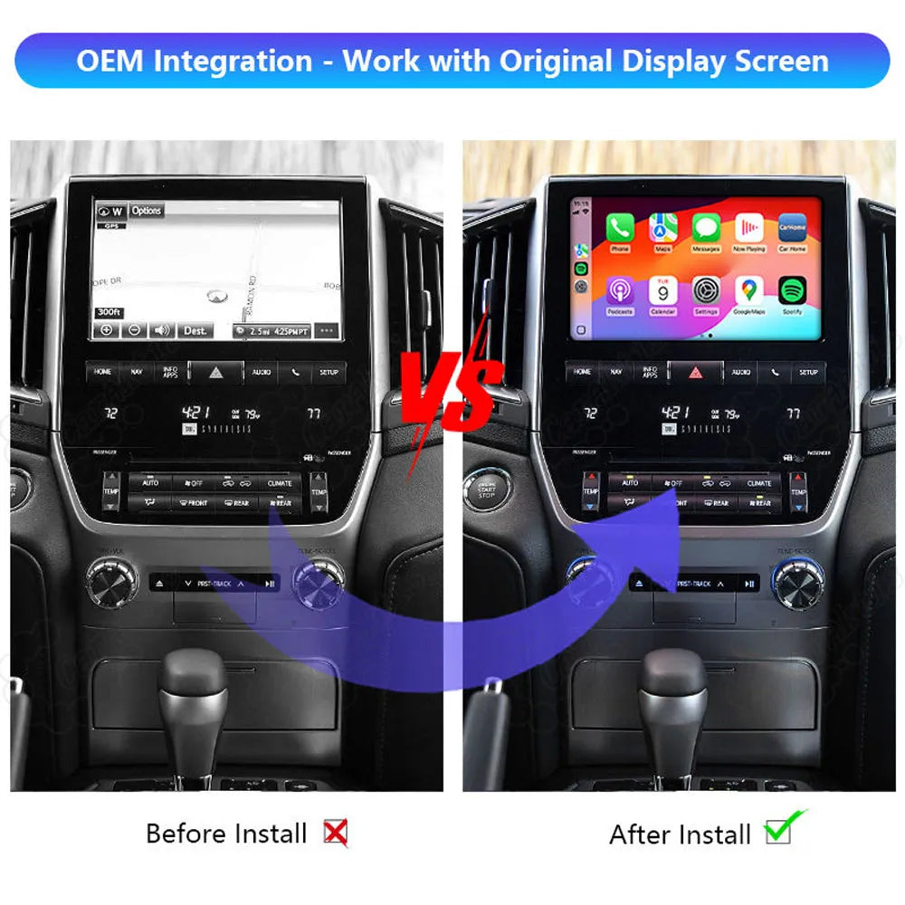 Side-by-side comparison showing the factory navigation screen before install and the upgraded Apple CarPlay interface after install with OEM integration.
