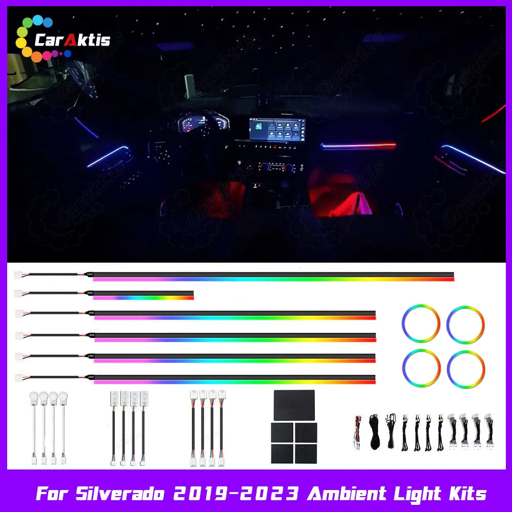 CarAktis OEM+ ambient lighting kit for Chevrolet Silverado 2019–2021 featuring 64-color hidden LED interior lights.