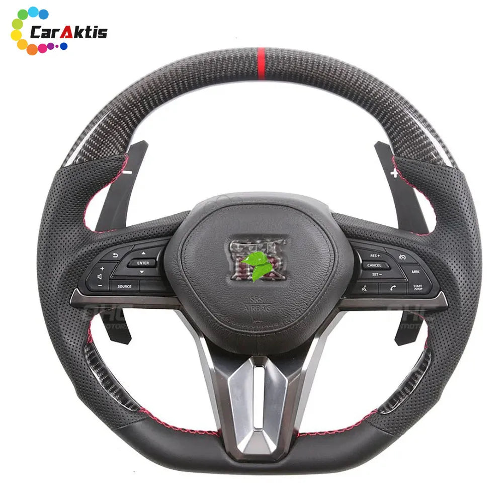 Front view of a Nissan GTR R35 custom steering wheel with glossy carbon fiber, red stitching, and top red stripe.