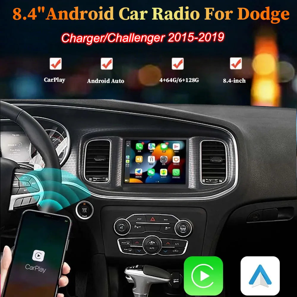 8.4 inch Android car radio touchscreen upgrade with wireless CarPlay for Dodge Charger Challenger 2015-2019