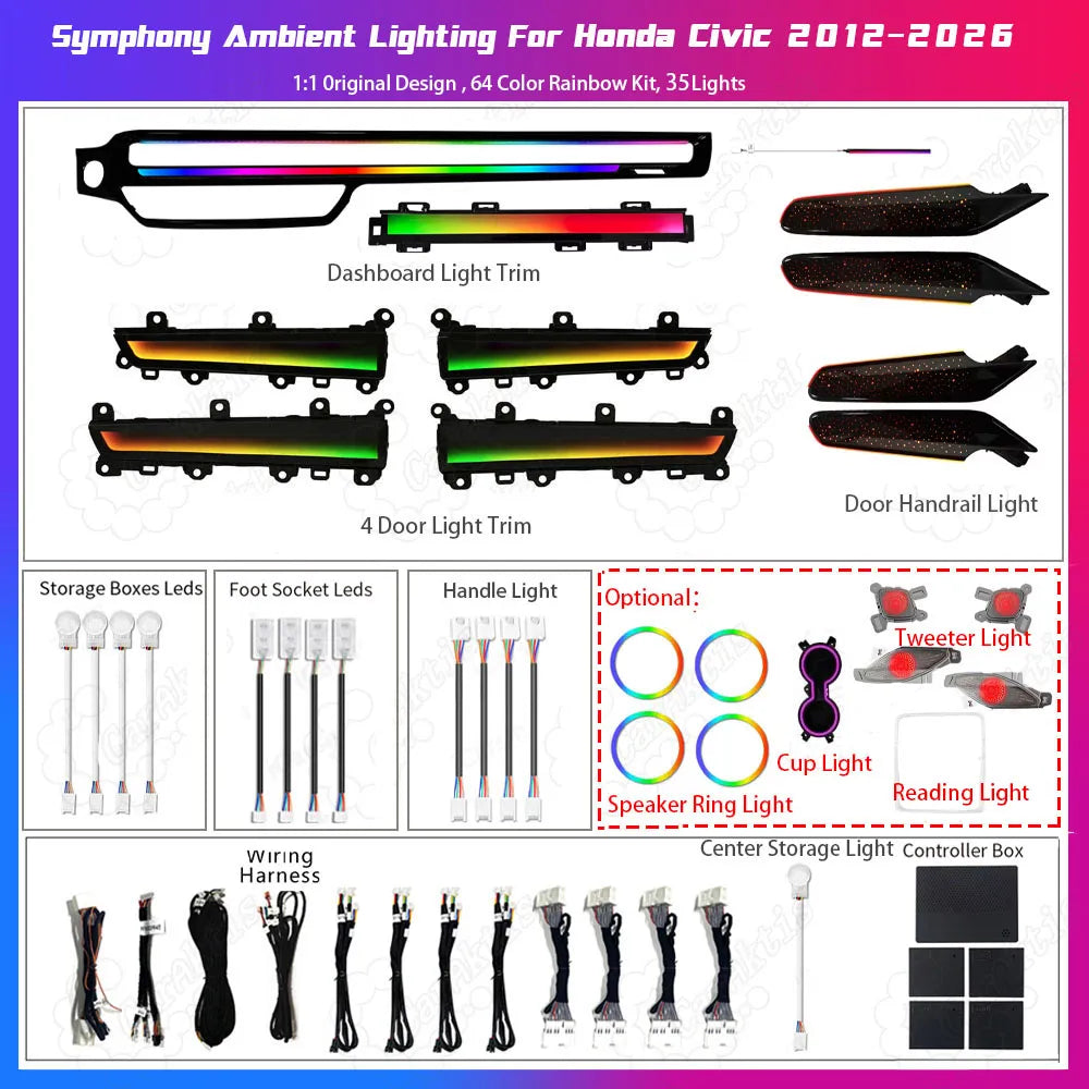Complete Honda Civic 11th Gen dynamic-style ambient light kit from Caraktis, including LED strips, controllers, and plug-and-play harnesses.