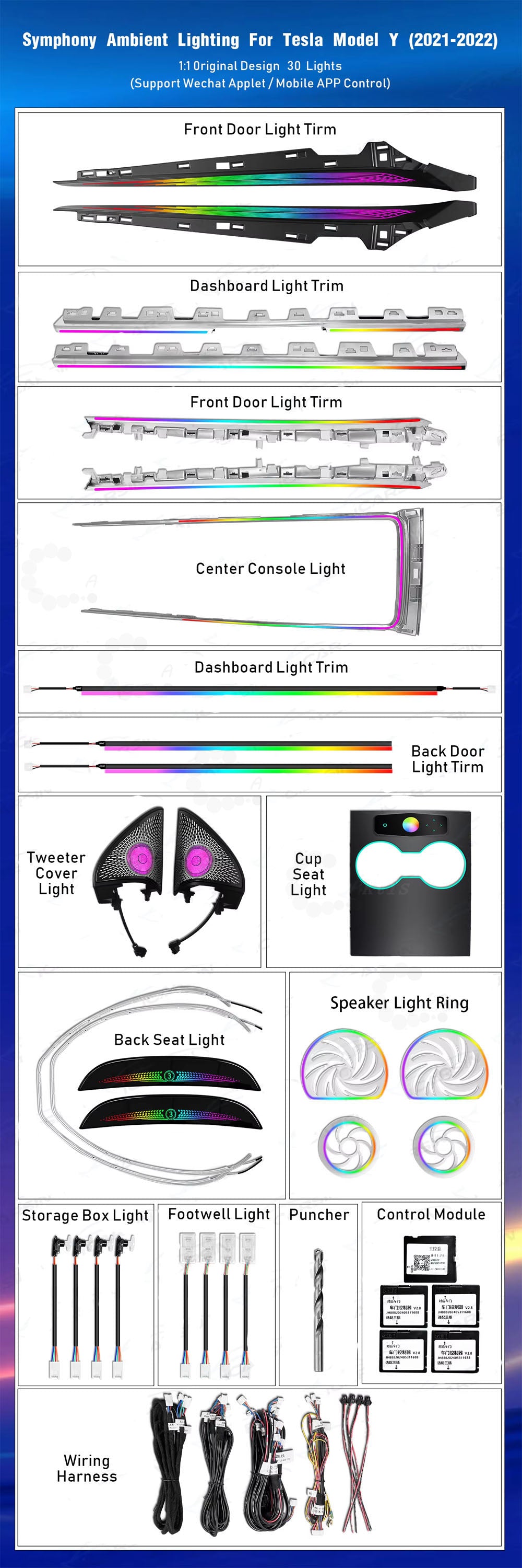 CarAktis Symphony 64 Colors Ambient Lighting Kit For Tesla Model 3/Y 2021-2022 Interior LED Light