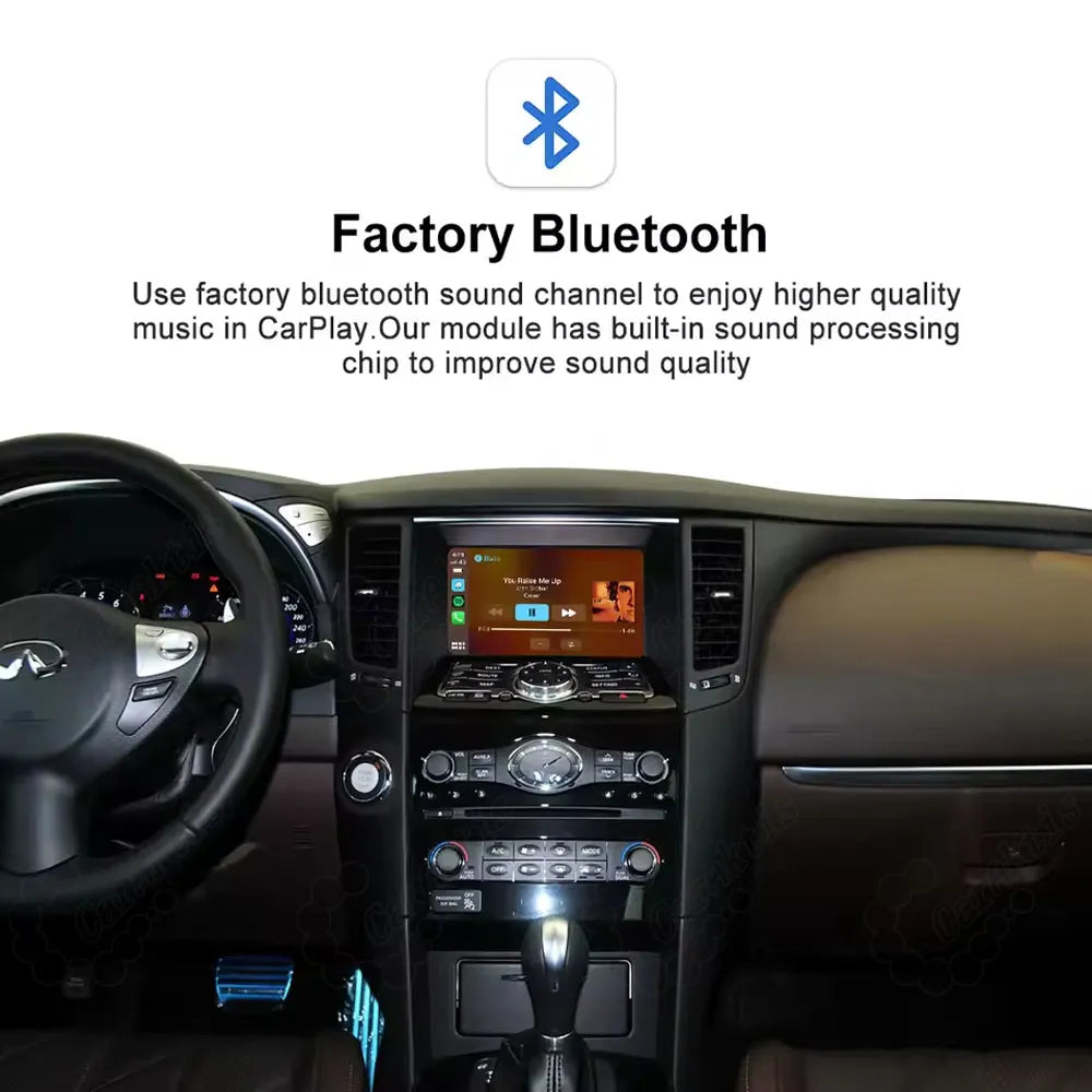 Car multimedia module using original factory Bluetooth sound channel with built-in sound processing chip for high-quality music playback.