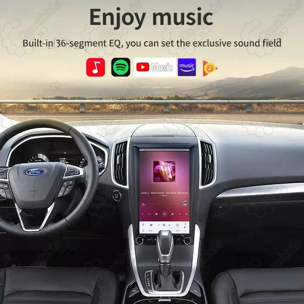 Music player interface and built-in 36-segment EQ sound adjustment system on car touchscreen.