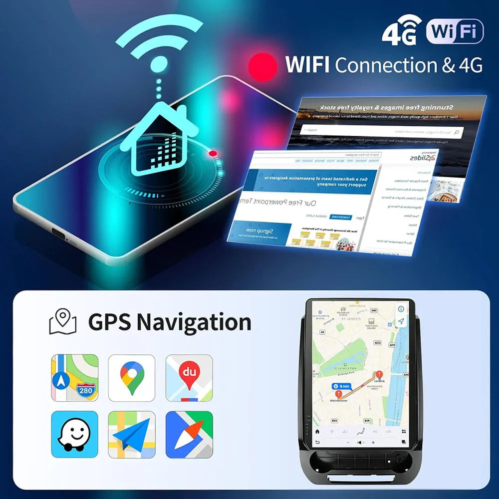 GPS satellite navigation map interface and 4G LTE Wi-Fi network connectivity diagram for Android car radio.