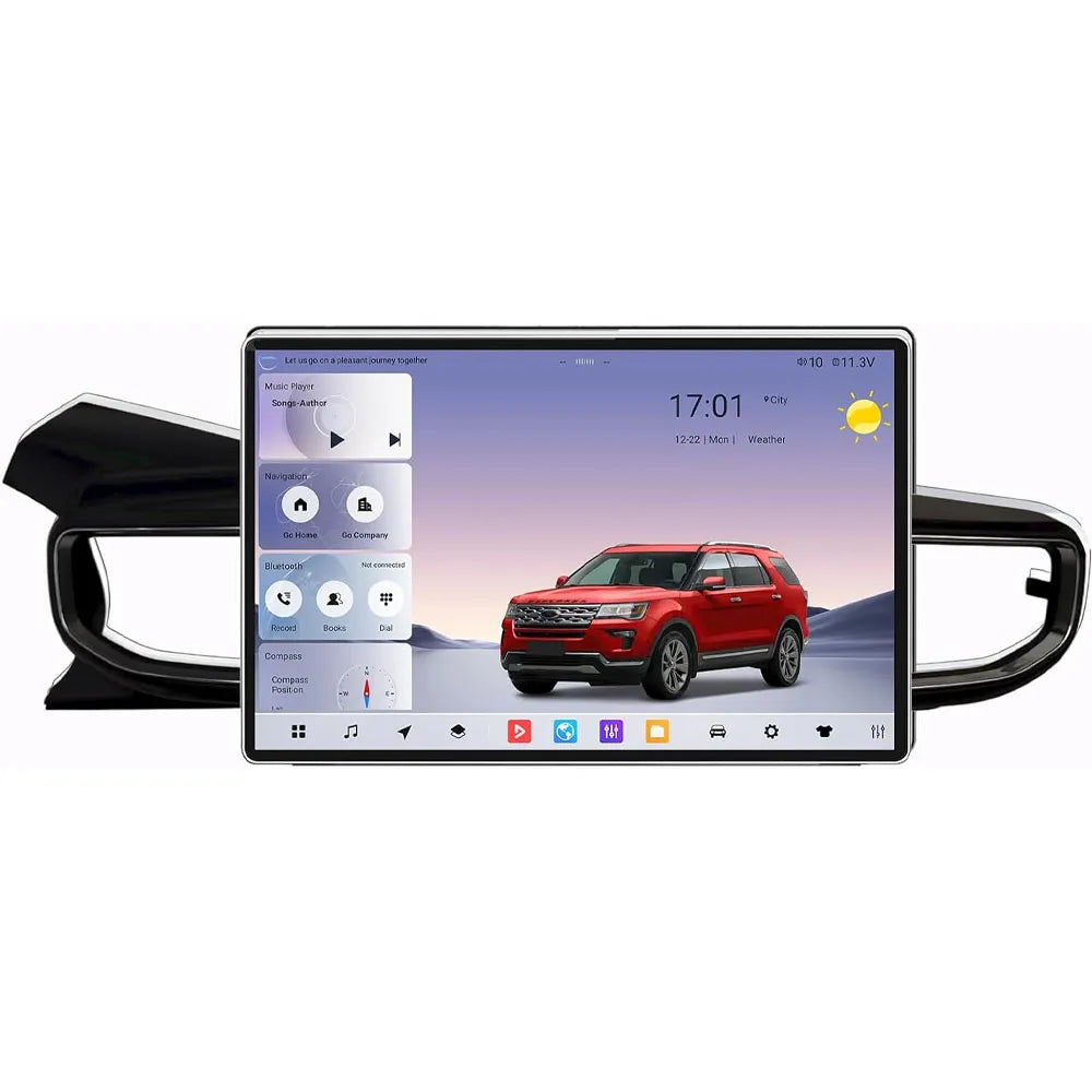 13.1 inch Android touchscreen head unit with customized UI menu and vehicle controls for Ford trucks.