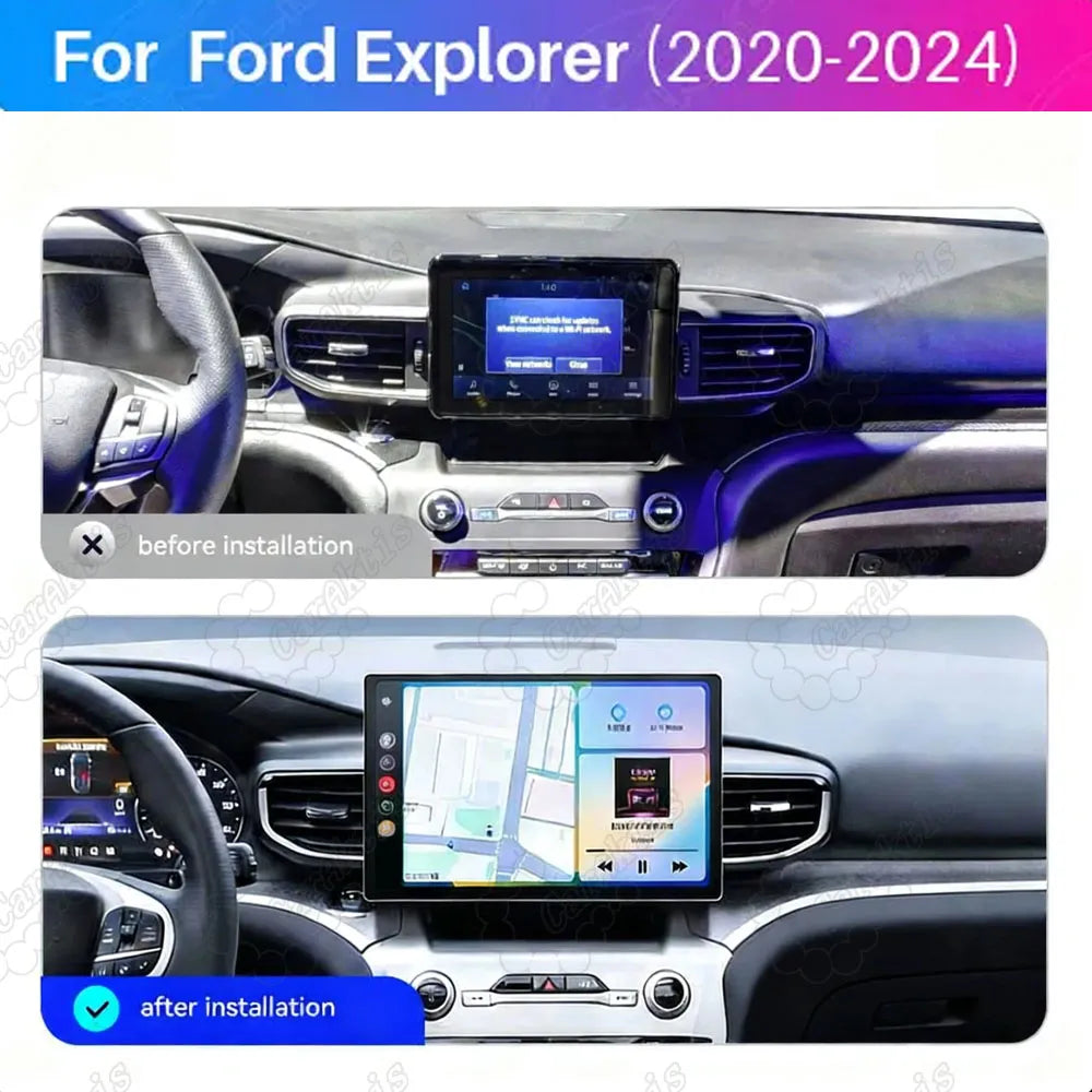 Before and after installation comparison of 13.1 inch Android touchscreen upgrade for Ford Explorer (2020-2024).