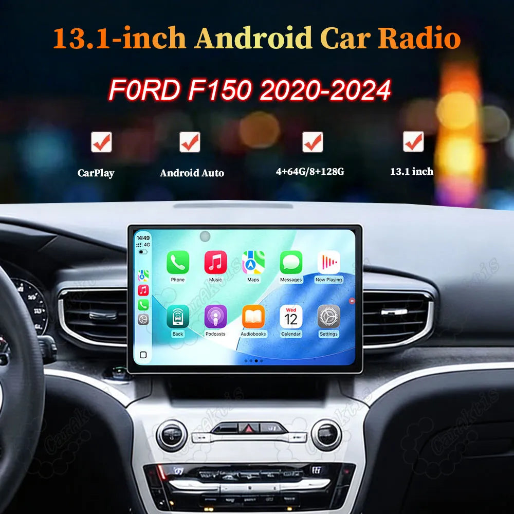 13.1 inch Android car radio touchscreen stereo upgrade installed in Ford Explorer and F150 dashboard.