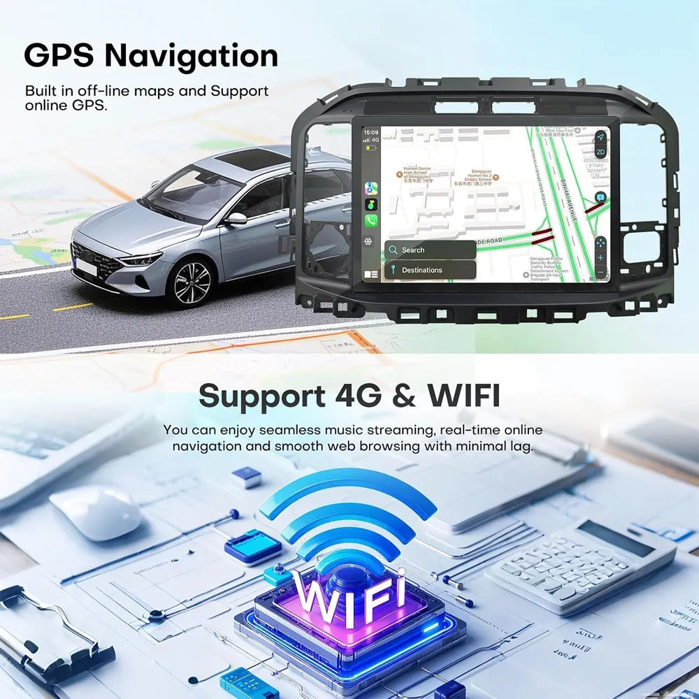 GPS navigation with online and offline maps, 4G LTE, and Wi-Fi connection on Ford F150 touch screen.