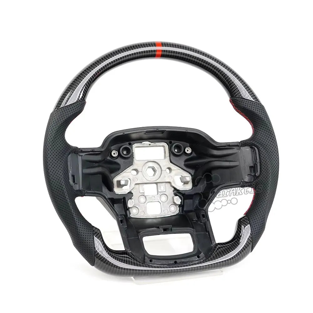Custom gloss carbon fiber steering wheel for Ford F-150 Raptor (2015-2026), featuring black perforated leather grips, red 12 o&