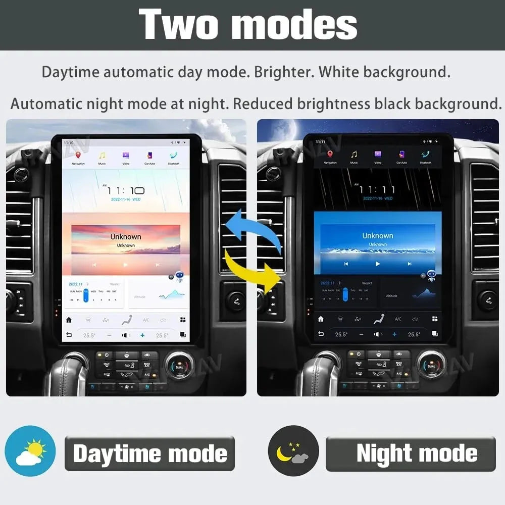Automatic day mode and night mode brightness adjustment on Ford F150 Tesla-style vertical screen.