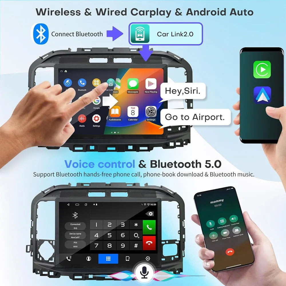 Wireless Apple CarPlay, Android Auto, and Bluetooth 5.0 voice control feature on Ford F150 head unit.