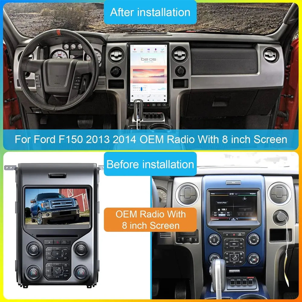 Wireless Apple CarPlay and Android Auto screen interface comparison for Ford F150 head unit.