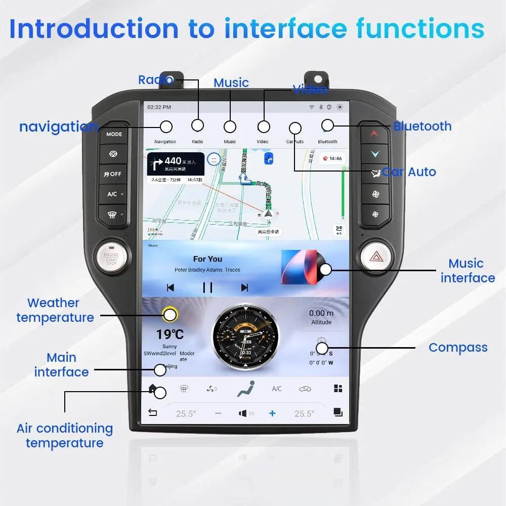 Detailed diagram of interface functions including navigation, Bluetooth, music, compass, and climate control for Ford Mustang