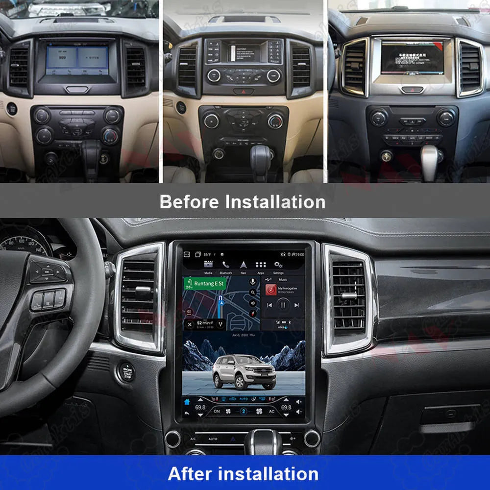 Before and after installation comparison of 12.1-inch Tesla-style screen for Ford Ranger Everest dashboard